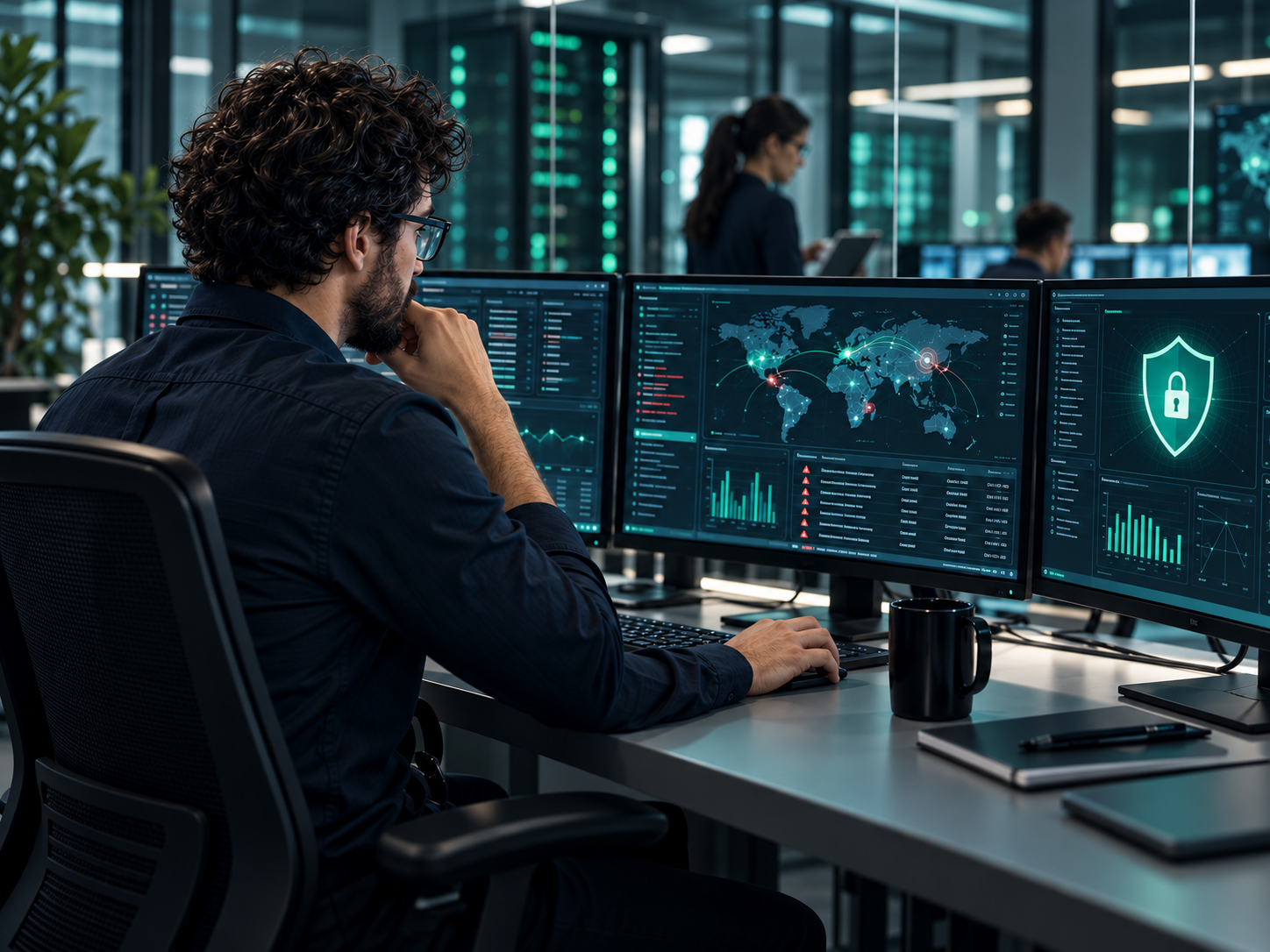Especialista monitorando a segurança digital da empresa